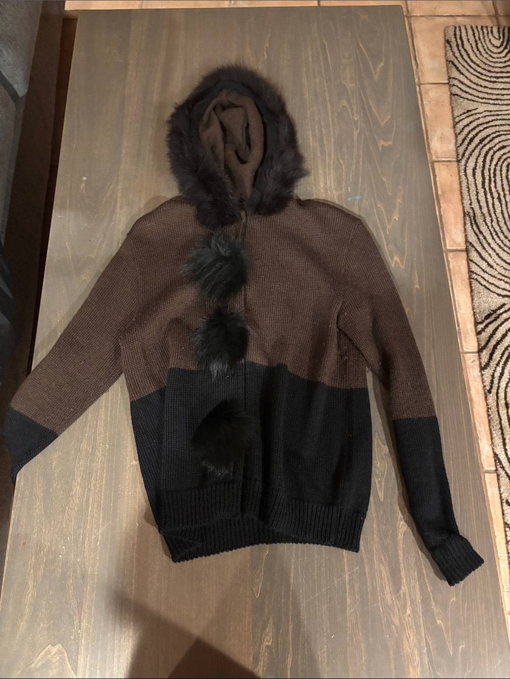Jantzen Brown and Black Zip-Up Hooded Sweater with Fur Trim